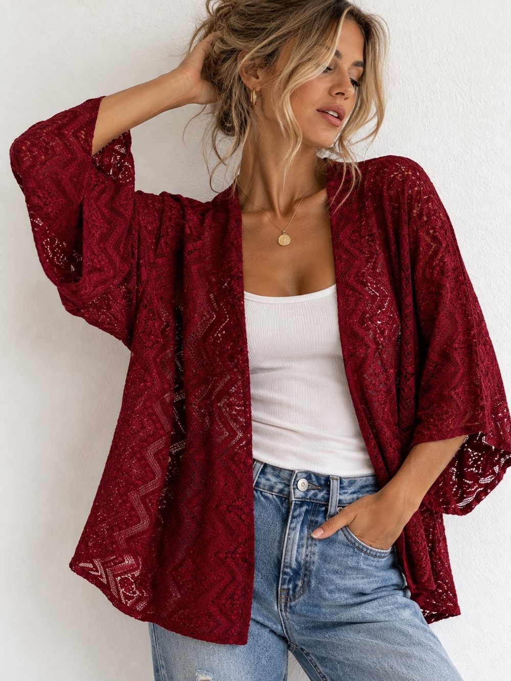 LuLaRoe Burgundy Red Lace Kimono Cardigan Open Front Size Medium